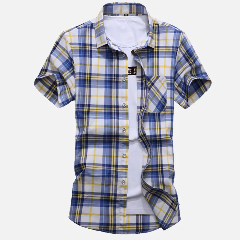 Yellow Plaid Клетчатая Хлопковая мужская рубашка с коротким рукавом, черный, синий цвет, большие размеры 7XL, Рубашки, Топы для мужчин, отложной воротник, уличная мужская одежда - Цвет: Yellow Plaid