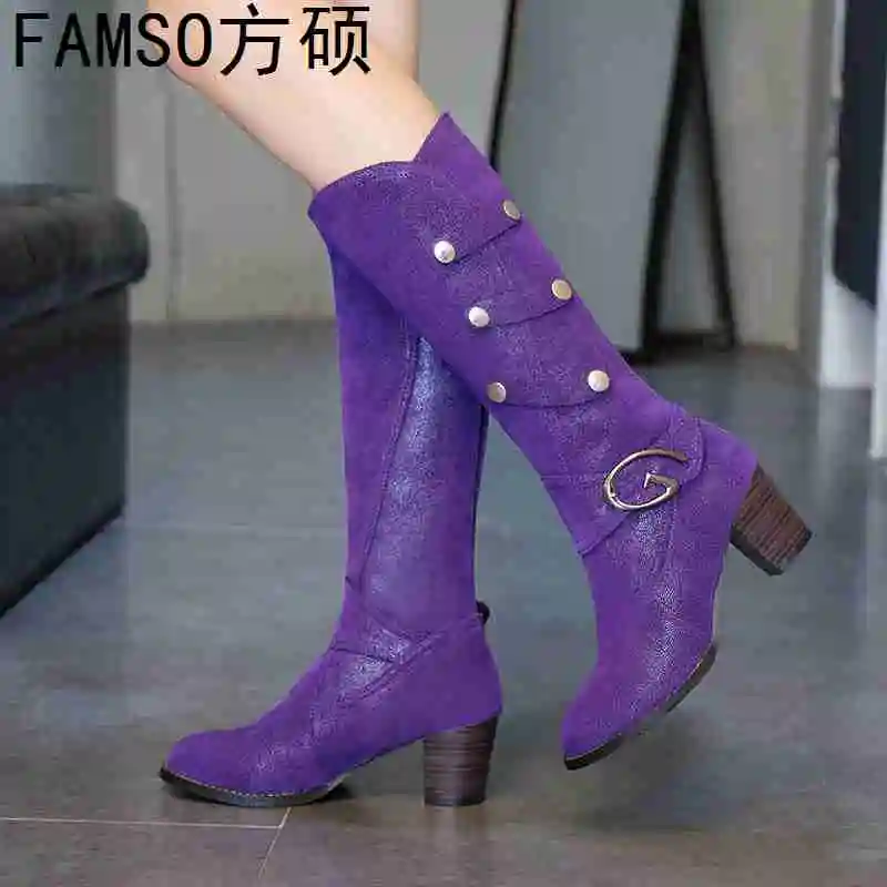 

FAMSO 2019 Women Boots Size 34-43 Purple Buckle Knee High Boots Thick Heels Long Winter top Fashion Russia Keep Warm Snow Boots