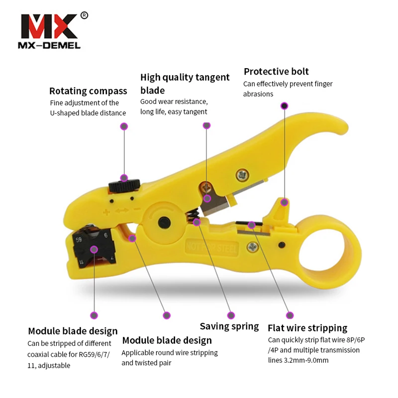 MX-DEMEL Automatic Cable Wire Stripper Electric Stripping Tools for UTPSTP RG59 RG6 RG7 RG11 Multi-functional Cutter Striper (5)