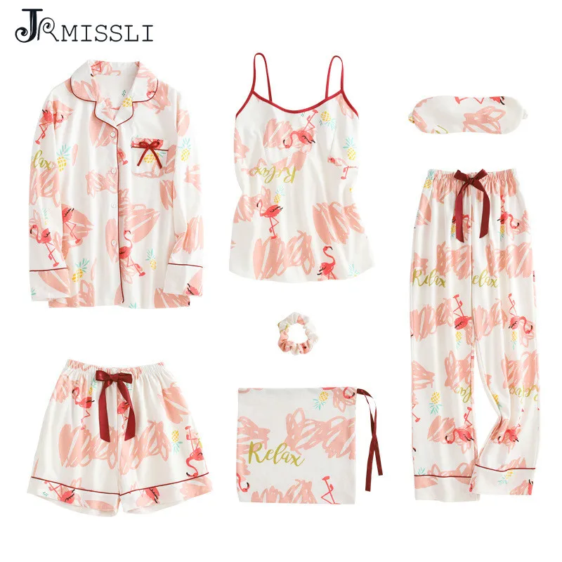 JRMISSLI весна лето Фламинго 7 штук набор пижамы хлопок элегантные женские пижамные комплекты полный розовый пижамный комплект для отдыха