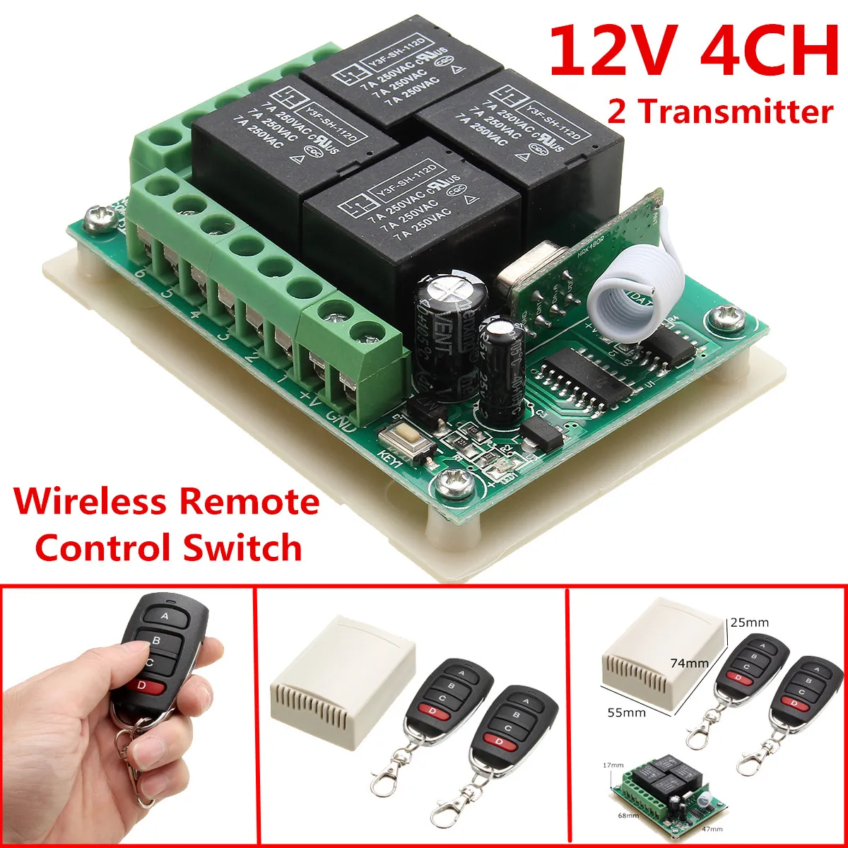 

KROAK 433Mhz Universal Wireless Remote Control Switch DC 12V 4CH Channel Relay 2 Transmitter+Receiver