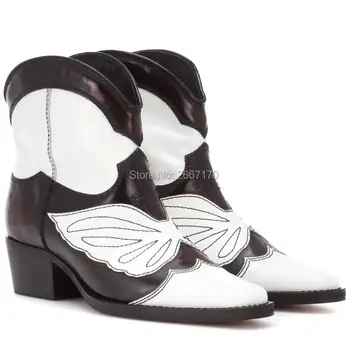 

New Fashion Women Cowboy Boots Patchwork Thick Low Heels Embroidered Leather Ankle Booties Genuine Leather Riding Botas Mujer