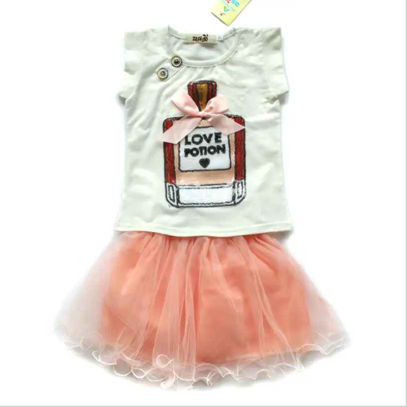 

Summer girls perfume bottle printed sleeveless top + Flower Gauze Skirt Suit Children 2pcs Sets