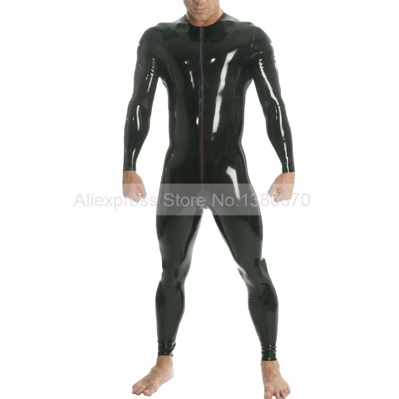 Front Zipper Men Rubber Latex Catsuit With O-neck Solid Black Tight Bodysuit Handmade S-LCM134 |