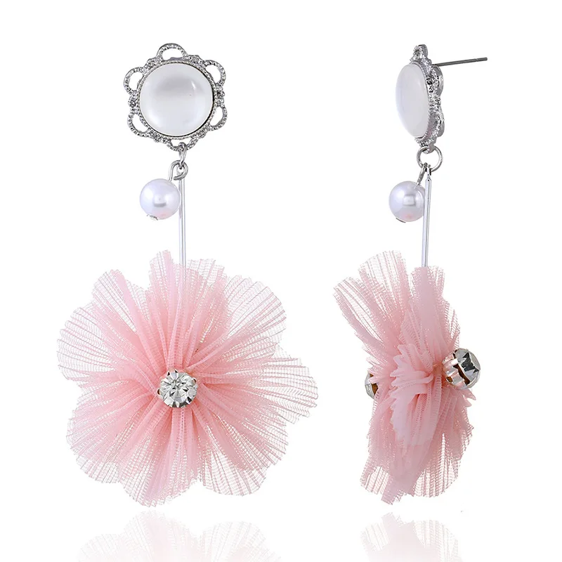 Elegant Fabric Lace Flower Earrings Shaped Charms Fringed Tassel Earrings
