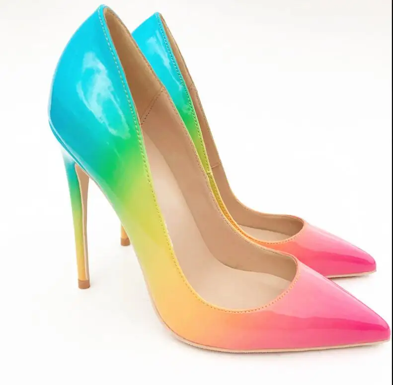 

2019 new fashion high heeled lady pumps shallow pointed toe woman shoes party shoes slip-on rainbow women pumps wedding shoes