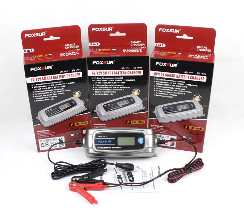 FOXSUR 12V 4A 6V 1A 11 stage Smart Battery Charger EFB GEL AGM WET автомобильное зарядное устройство с ЖК