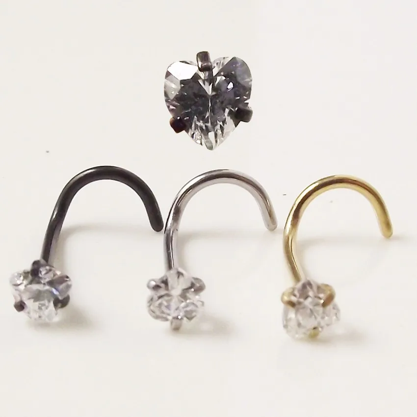 1Piece Free shipping 0.8x7x3mm Heart Zircon Twist Screw Nose Ring Hoop