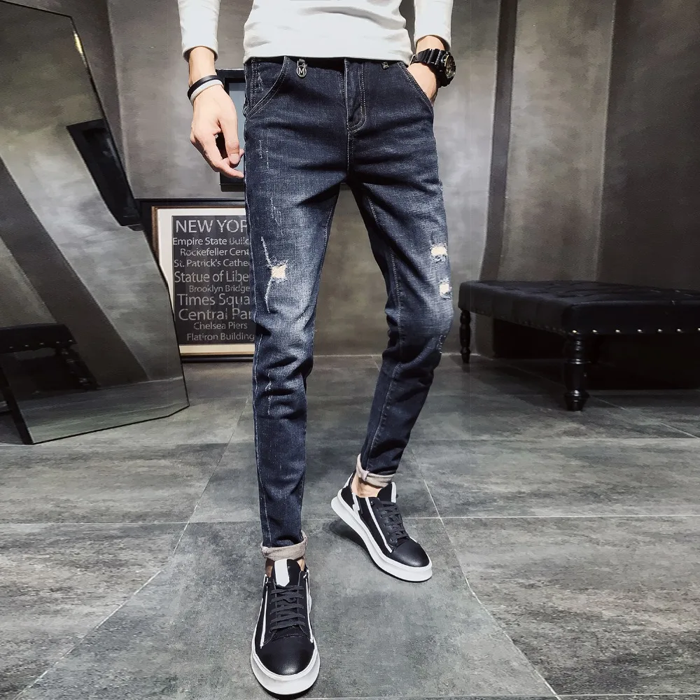 Fashion Denim Jeans Men Pants Brand Hip hop Cowboys Slim Fit Elasticity Solid Pencil Jeans Ripped Jeans for Men Black Blue