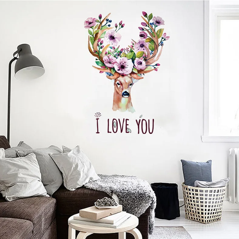 new nordic style flower deer diy wall sticker for kids rooms bedroom