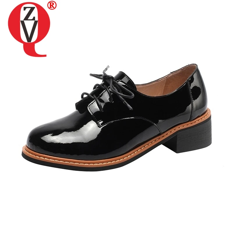 

ZVQ spring fashion new comfortable flats woman patent leather lace up 3.5 heel round toe shoes 2019 ladies casual date shoes