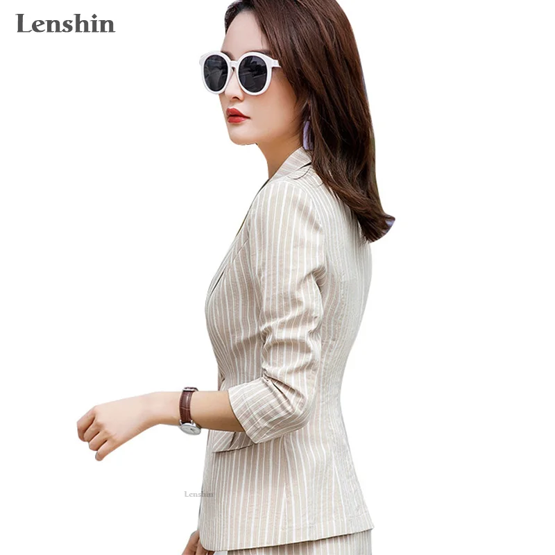 

Lenshin Striped Blazer for Women Summer Wear Female Casual Style Breathable Coat Half Sleeve Jacket Single Button Tops Outwear