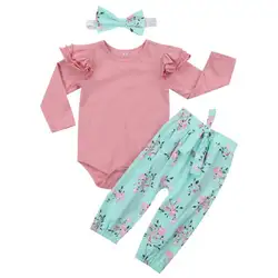 Новорожденных Топ для маленьких девочек боди с длинными рукавами штаны с цветочным принтом повязка на голову комплект одежды 0-24 лет
