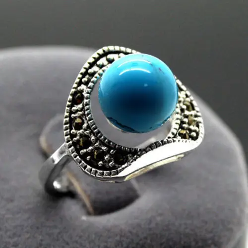 

Free shipping Pretty 6mm Blue stone Beads 925 Sterling Silver Marcasite Ring Size 7/8/9/10 a 5.23