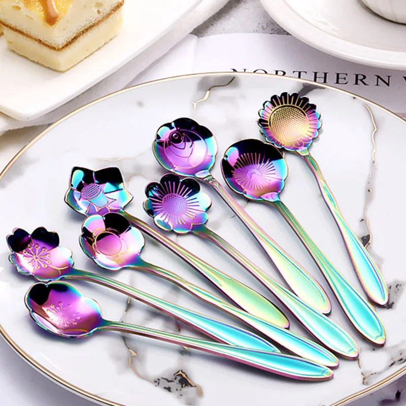 

5 Pcs Colored Stainless Steel Flower Spoon Coffee Tea Spoon Ice Cream Dessert Cake Spoons TN88
