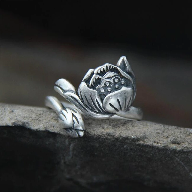 

Lotus Bud Ring 100% Sterling 925 Silver Jewelry Vintage Adjustable Lotus Flower Finger Rings for Women Gift 19mm