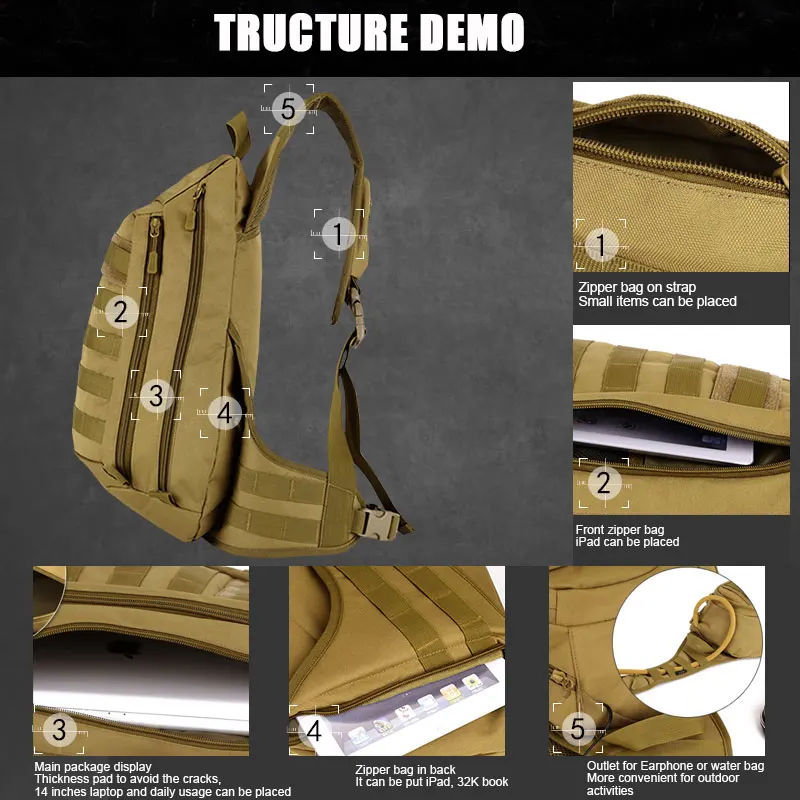 SINAIRSOFT Military Backpack 14 Inches Loptop Tactical Backpacks Sports Camping Outdoor Wading Chest Pack Sling Single Shoulder