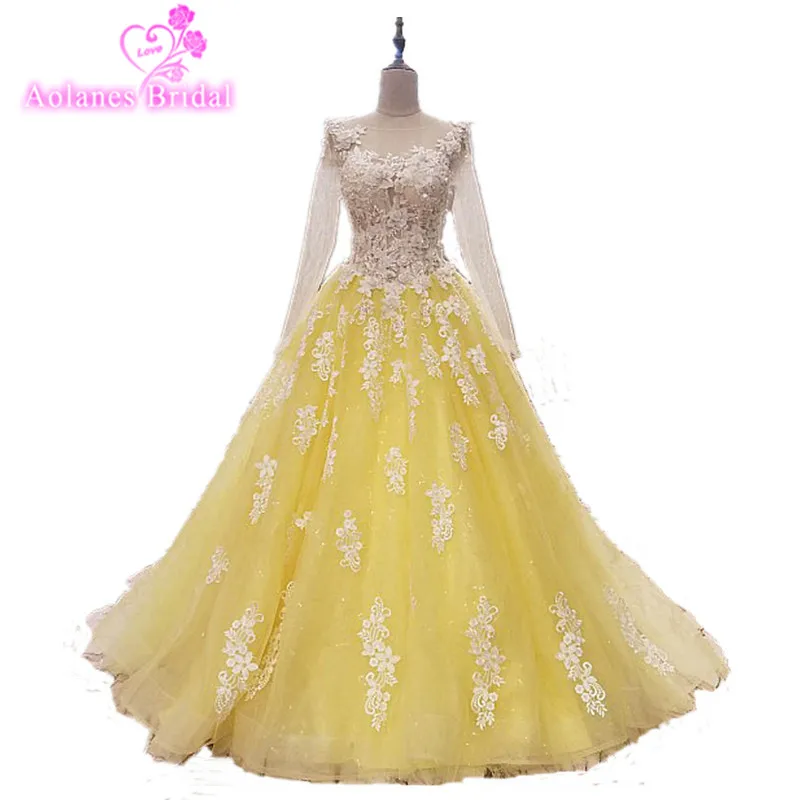 AOLANES 2017 Evening Dresses Long Sleeve Scoop Neck Tulle Hand Made Crystal Beading Appliques Yellow Prom Gown Real Photo |