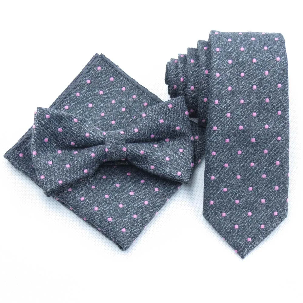 Серый галстук мужской Розовый горошек Галстуки Для мужчин S 6 см хлопок галстук соответствия небольшой карман полотенце темно-серый с бантом для мужчин cravata - Цвет: 3 pcs Tie Set