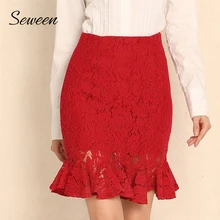 5XL плюс Размеры оборками кружева русалка юбка Для женщин осень офисные юбки Для женщин s Высокая Талия труба юбка черный, красный Вино- красный