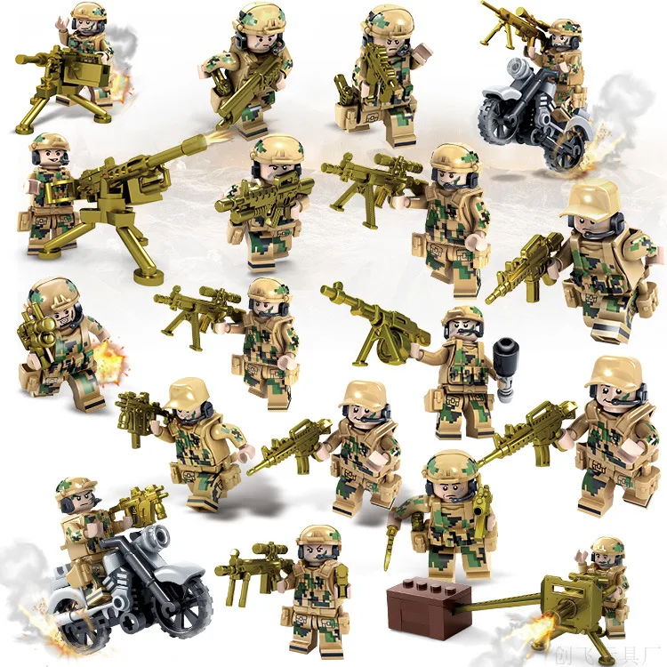 

8Pcs/set Military Wolf Teeth Special Forces Soldiers Bricks Figures Guns Weapons Armed wars Building Blocks Ww2 Toys