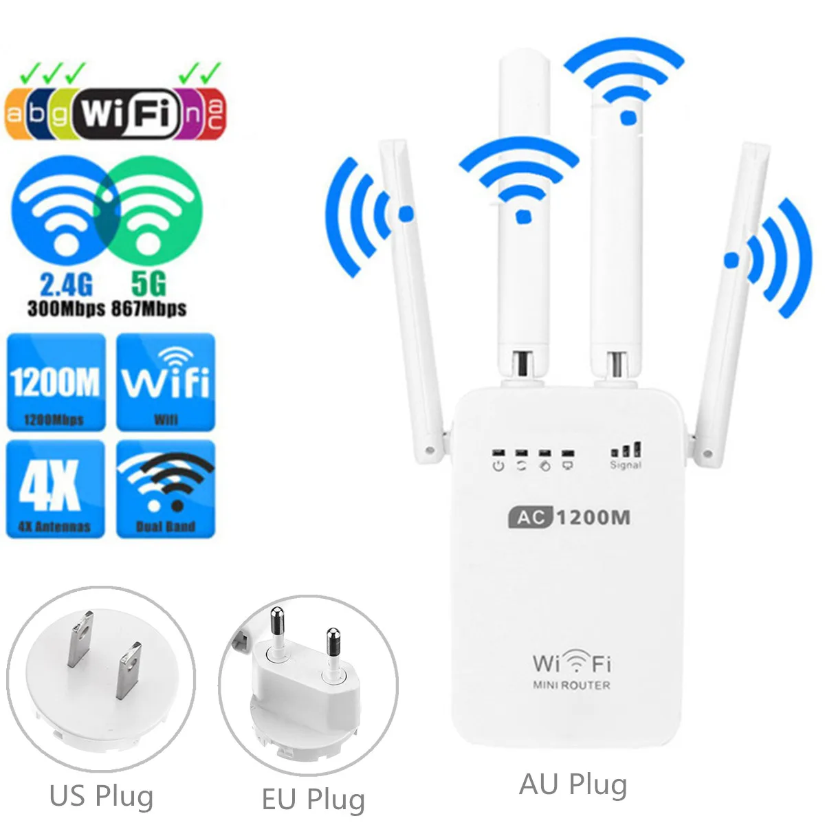 

1200Mbps Dual Expand WiFi Repeater Router 2.4/5G Wireless-AC Range Extender IEEE802.11AC/B/G/N Standards Four External Antennas