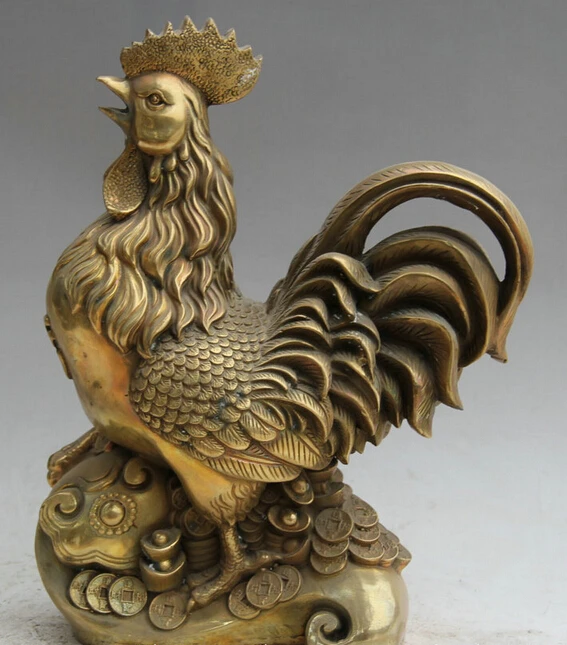 

JP S62 13 Chinese Brass Folk Ru Yi Wealth Zodiac Year Rooster Cock Statue sculpture
