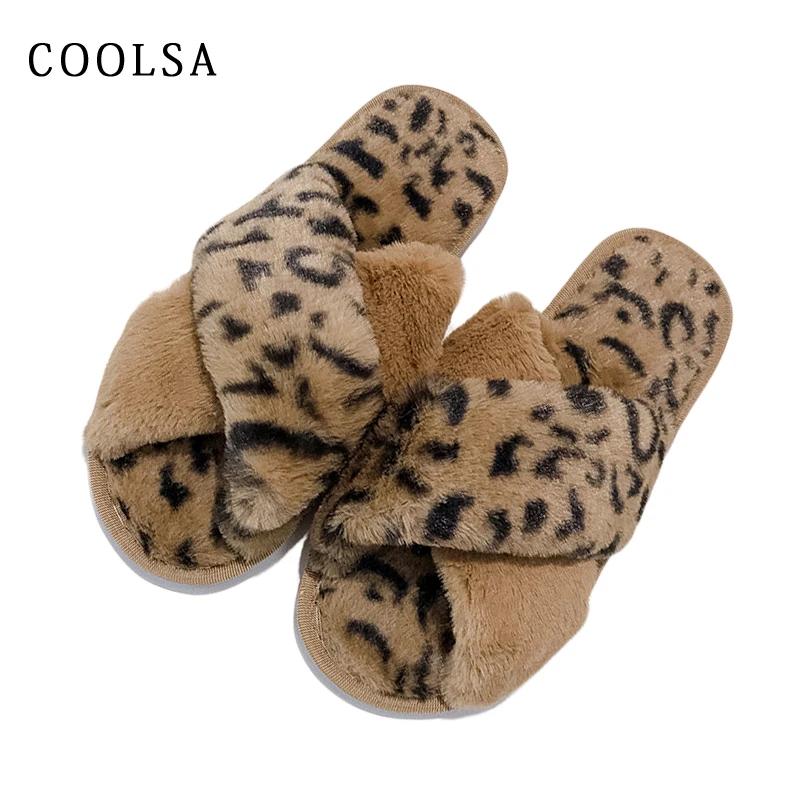 

Winter Warm Women Faux Fur Slippers Flat Cross Leopard Plush Slippers Comfortable Home Flip Flop Female Sexy Fuzzy Slip On Shoes
