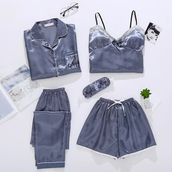 

Fashion Women's 5 Piece Sexy Pajamas Set Women Faux Silk Lace Sling Sleeveless Shirt Shorts Summer Robe Sleepwear With Chest Pa