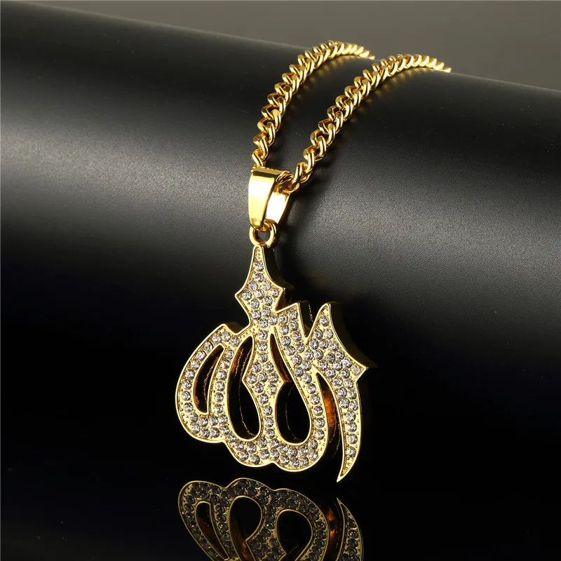 

Men Hip Hop Charm Golden Islamic Allah Lamp Muslim Rhinestone Necklaces Women Crystal Bling Jewelry Pendants Chains