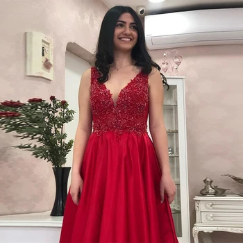 

Sexy Red Prom Dresses Deep V-Neck Sleeveless Applique Beaded New Evening Party Gowns Satin A-line Elegant Prom Gowns
