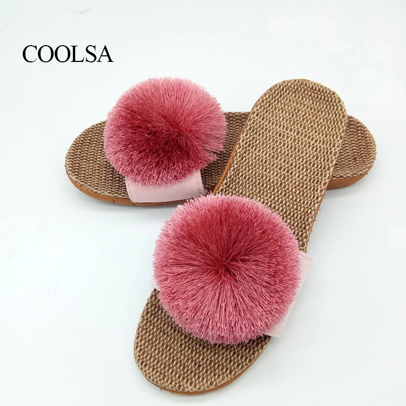 Тапки COOLSA женские льняные с помпоном пушистые дышащие домашние тапочки модные