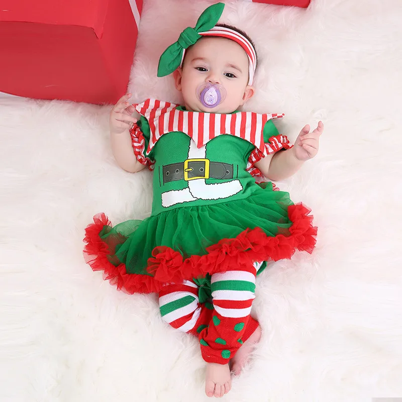 Babies Xmas Dress Suit 3pcs Set Baby Christmas Clothing With Stocking For Infants Girls Cute Xmas Romper Gauze Dress 2018 Hot