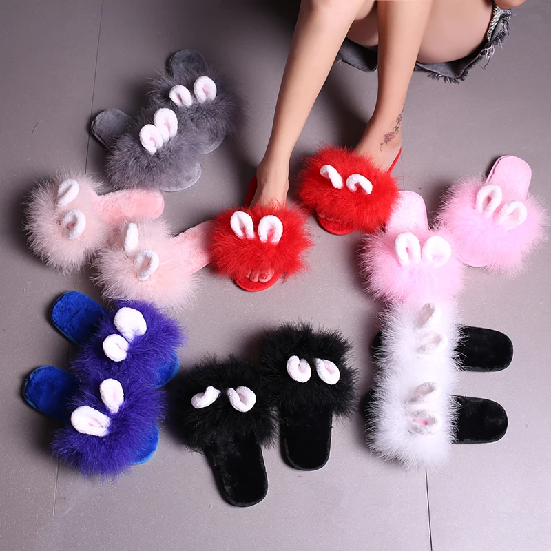 Rabbit Ear Ostrich Feather Slippers Women Winter Warm Plush Lovely Shoes Home Fur Flip Flops Pantufas Zapatos Mujer Hot Sale