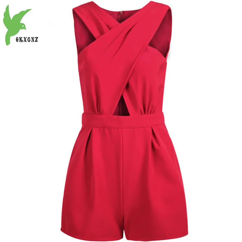 

Summer Women's Sexy Jumpsuit Shorts Front Cross Pocket Solid Color Fashion Jumpsuit Straight V-neckline Red Black OKXGNZ