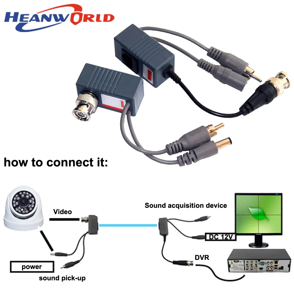 Heanworld CCTV BNC Видео балун UTP Видео балун Мощность Пассивный Rj45, POE мощность видео аудио 3 в 1 трансиверы системы видеонаблюдения запчасти