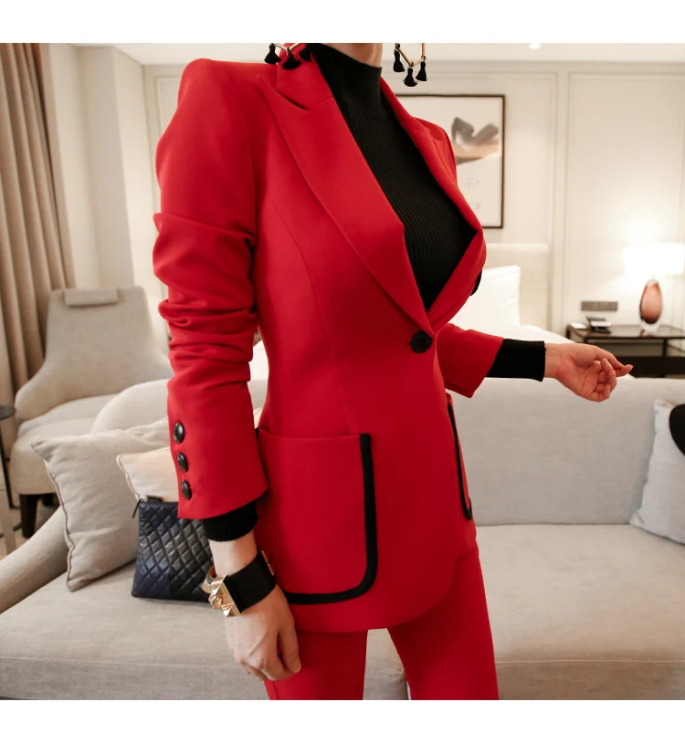 Повседневный Женский деловой профессиональный костюм стильный высококачественный Красный Блейзер брюки костюм женский 2019 осенняя и