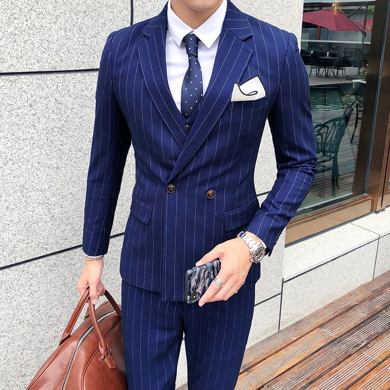 2018 New Striped Bussiness Suits Men (jacket+pants+vest) Double-breasted Slim Fit Party Wedding Dress Suit 