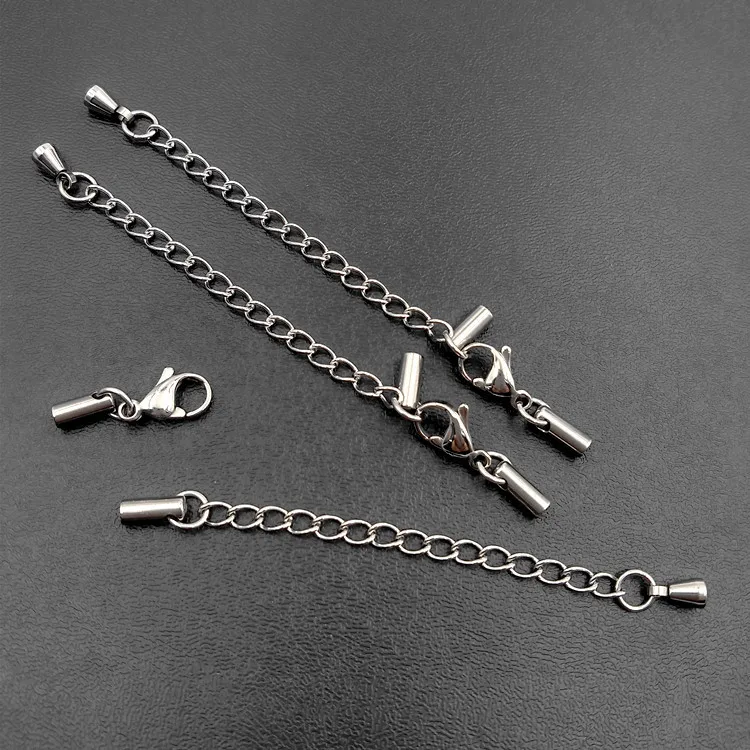 Stainless Steel Cord Crimp Ends Caps with Lobster Clasps Extender Chain