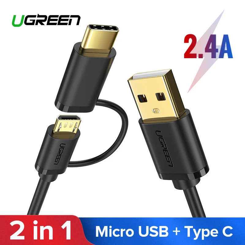 Ugreen USB نوع C كابل لسامسونج غالاكسي S10 s9 plus 2 في 1 كابل USB صغير للشحن السريع ل Xiaomi اللوحي كابل يو إس بي أندرويد