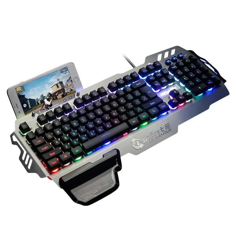 Left Wrist Rest PK900 RGB Backlit Wired Gaming Keyboard Metal Phone Holder 