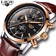 2018New LIGE Mens Watches Top Brand Luxury Leather Quartz Watch Men Military Sport Waterproof Clock Gold
