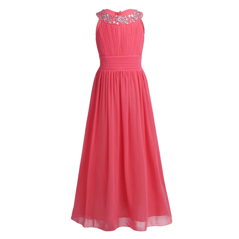 Шифоновое платье без рукавов с цветочным узором для девочек-подростков; Пышное Платье для принцессы; летнее платье подружки невесты на свадьбу, день рождения, вечеринку для девочек - Цвет: Watermelon Red