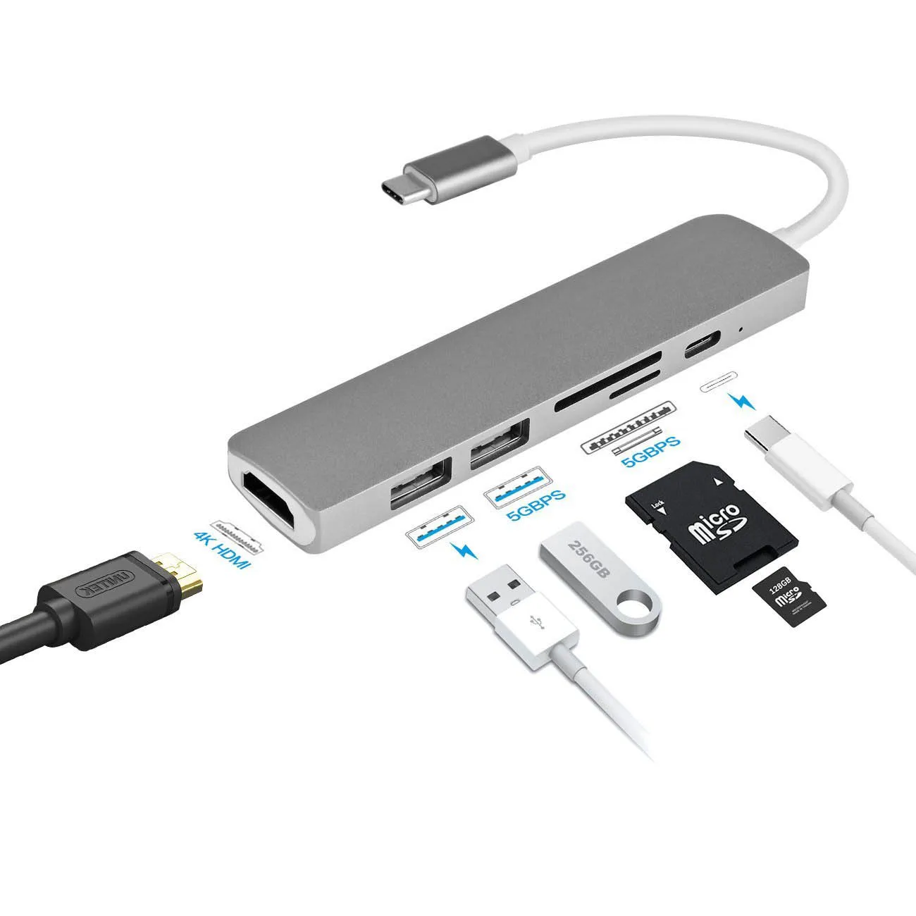 6 в 1 USB C концентратор HDMI адаптер 4 K видео с Тип-C Мощность доставки SD/TF Card Reader USB 3,0 хаб для MacBook Pro