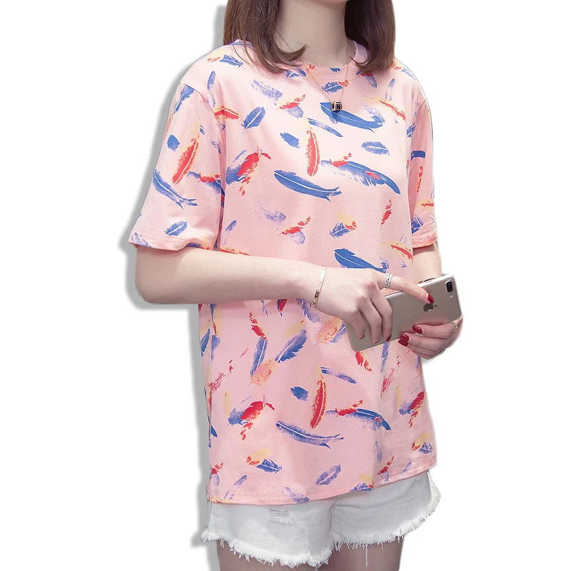 

T-Shirt Women 2019 New Summer Cotton Women's Fashion Large Size Casual Harajuku Sailor Moon Short Sleeve O-Neck Print Feather