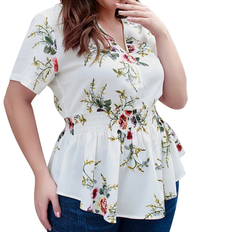 Elastic Waist Peplum Tops Women Chiffon Blouse Plus Size 4XL Boho