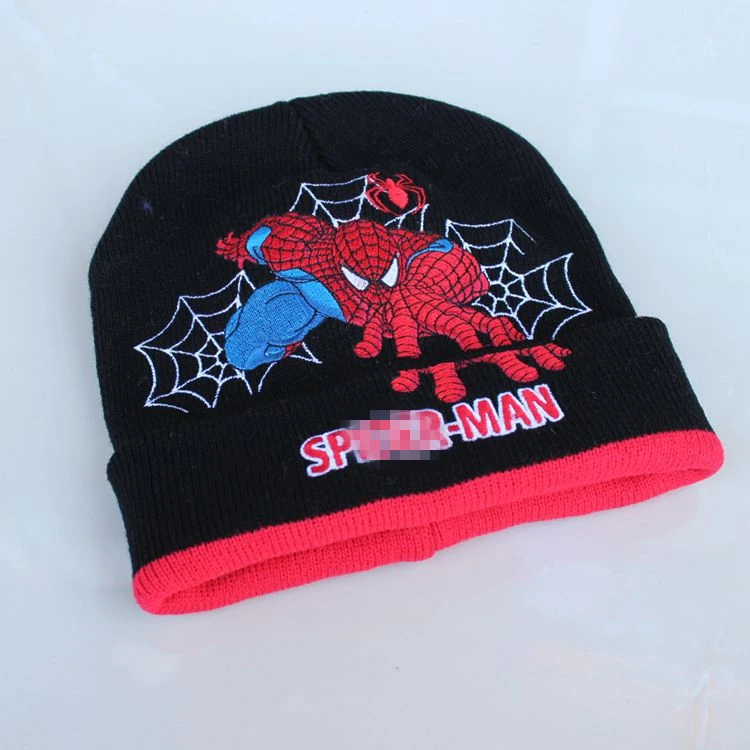 Мультяшная шапка Супергероя человека-паука, Вязаная хлопковая шерстяная шапка, плюшевые зимние теплые шапки с защитой ушей, детские вышитые складные шапки