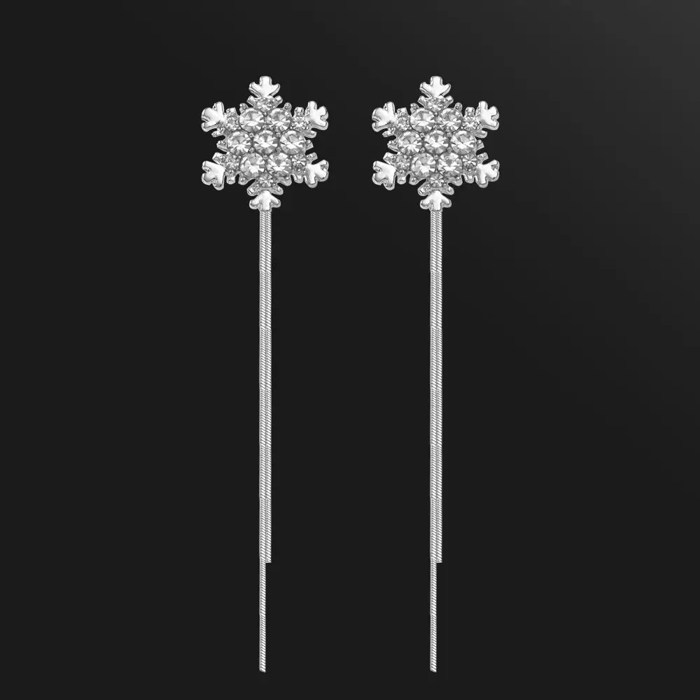 

1 pair Cute Silver Christmas Snowflake Stud Earrings Pendant Long Tassel Snowflake Earrings Rhinestone for women Party Jewelry