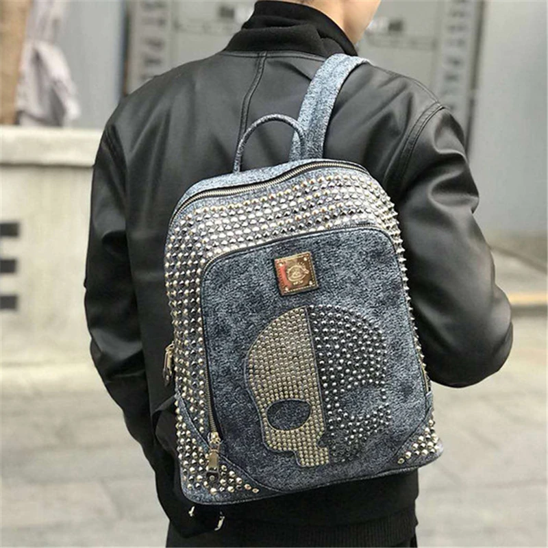 Unisex Skull Backpack Women Men Rivets Leather Backpack for Teen Girl Shoulder Bags Casual Travel Punk Backpack Couple Bags