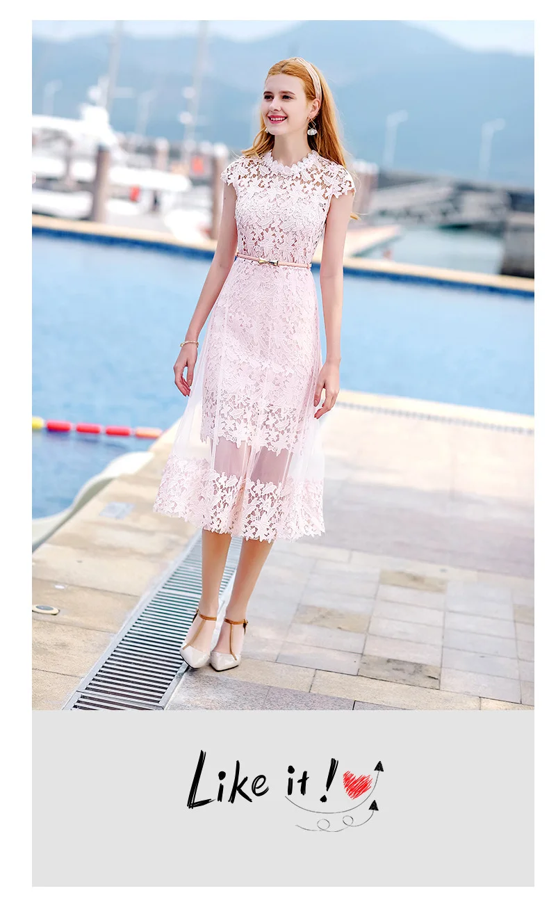 Весна-лето женское ажурное платье с высокой талией евро-американское модное элегантное платье на праздник с поясом и короткими рукавами